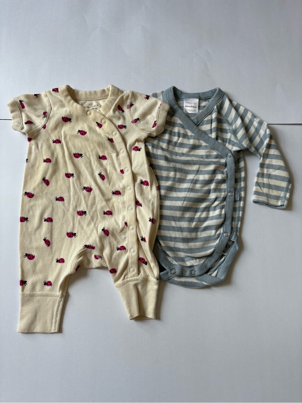 Hanna Andersson Lot 2 Sleeper Overalls Cream Blue Ladybug Stripe 0-3 6-12M Body